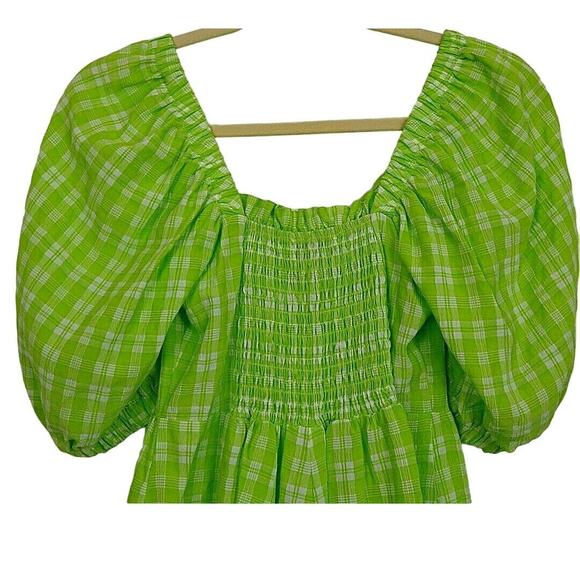 Topshop Ruched Bow Front Scoop Neck Puff Sleeve Romper US Size 2 Lime Plaid NWT - Picture 4 of 7
